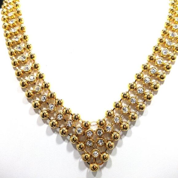 Rhinestone Choker Necklace Post Earrings Set, Light Weight Gold Tone, 18 Inches - Picture 4 of 7